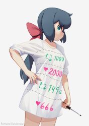 Rule 34 | 1girl, absurdres, artist name, black hair, bow, breasts, closed mouth, cloudxmoe, collarbone, constanze amalie von braunschbank-albrechtsberger, cowboy shot, grey background, hair bow, highres, holding, holding screwdriver, little witch academia, long hair, meme, ponytail, profile, red bow, screwdriver, short sleeves, simple background, small breasts, solo, twitter cutting game, twitter strip game