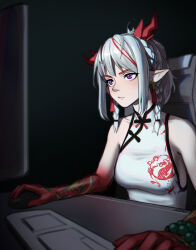 1girl absurdres ahoge arknights bare_shoulders braid breasts china_dress chinese_clothes computer_mouse dress grey_hair highres horns looking_to_the_side medium_breasts medium_hair monitor nian_(arknights) orini pointy_ears purple_eyes sitting solo twin_braids