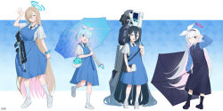 4girls absurdly_long_hair aris_(blue_archive) arona_(blue_archive) assault_rifle asuna_(blue_archive) black_eyes black_hair black_hairband black_necktie black_shoes black_socks black_umbrella blonde_hair blue_archive blue_eyes blue_hair blue_halo blue_umbrella bow bullpup dress famas fikkyun gun hair_bow hairband halo highres holding holding_umbrella long_hair long_sleeves malaysian_secondary_school_uniform multiple_girls necktie pinafore_dress pink_halo plana_(blue_archive) railgun rifle school_uniform shoes side_ponytail sleeveless sleeveless_dress socks umbrella umbrella_over_shoulder very_long_hair vest weapon white_hair white_shoes white_socks