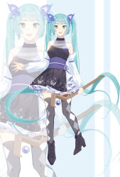 Rule 34 | 1girl, absurdly long hair, absurdres, alternate design, animal print, aqua eyes, aqua hair, aqua pupils, argyle clothes, argyle thighhighs, bare shoulders, black boots, black dress, blue background, blue bow, blue flower, blunt bangs, boots, bow, bright pupils, brooch, butterfly print, capelet, detached sleeves, dot nose, dress, flower, flower brooch, frilled skirt, frilled sleeves, frills, full body, grey thighhighs, hair bow, hair flower, hair ornament, hatsune miku, high heel boots, high heels, highres, holding, holding staff, jewelry, kirina zero, lace-up boots, light blush, long hair, long sleeves, mage staff, miniskirt, obi, open mouth, puffy long sleeves, puffy sleeves, pumps, purple sash, reference sheet, ribbon, sash, see-through capelet, see-through clothes, short dress, skirt, skirt under dress, sleeveless, sleeveless dress, smile, solo, staff, standing, teeth, thighhighs, turtleneck, turtleneck dress, two-tone background, upper teeth only, very long hair, vocaloid, waist ribbon, white background, white capelet, white ribbon, white skirt, white sleeves, zettai ryouiki, zoom layer