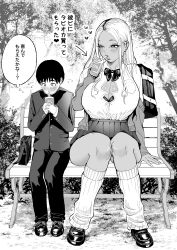 1boy 1girl age_difference bag bench blush bow bowtie bra bra_peek breasts cardigan cleavage collared_shirt drinking drinking_straw drinking_straw_in_mouth earrings greyscale gyaru heart height_difference hetero highres holding jewelry kogal large_breasts loafers long_hair looking_at_another loose_bowtie loose_socks monochrome nagisamade original outdoors pleated_skirt school_bag school_uniform shirt shoes sitting skirt socks underwear