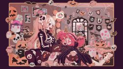 +_+ 3girls :d absurdres alternate_costume alternate_hair_color ascot balloon bat_(animal) black_bow black_bowtie black_cape black_cat black_dress black_eyes black_gloves black_hairband black_shorts blonde_hair blue_eyes bone_print bow bowtie brown_vest buro_(muse_dash) candle candy cape cat copyright_name door drawing_(object) dress facepaint fang feeding food ghost glass gloves hair_ornament hairband halloween halloween_bucket happy_halloween highres indoors jar knocking long_sleeves marija_(muse_dash) multicolored_hair multiple_girls mummy muse_dash official_art ola_(muse_dash) open_mouth pink_eyes pink_hair plate red_hair rin_(muse_dash) second-party_source shirt short_twintails shorts silk skull_hair_ornament smile spider_web spoken_character stitches streaked_hair stuffed_toy table teeth twintails two-tone_hair upper_teeth_only vest white_ascot white_shirt