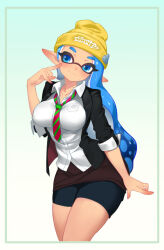 1girl beanie bike_shorts black_jacket blue_eyes blue_hair collarbone commentary contrapposto cowboy_shot elbow_sleeve english_commentary eye_mask eyelashes finger_to_cheek formal_clothes gradient_background gradient_hair hat hat_ornament inkling inkling_girl inkling_player_character jacket little123blood long_hair long_pointy_ears loose_necktie miniskirt multicolored_hair necktie nintendo open_clothes open_jacket padded_shoulders pale_skin pointy_ears shirt short_eyebrows simple_background skindentation skirt smile solo splatoon_(series) spotted_hair striped_necktie suit swept_bangs tentacle_hair thick_eyebrows thighs two-tone_hair wavy_hair white_shirt yellow_hat
