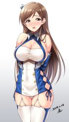 1girl arms_behind_back azur_lane bare_shoulders blue_dress blue_gloves blush breasts brown_eyes brown_hair buttons cleavage cosplay dated dress female_focus garter_straps gloves gradient_background hair_ornament halterneck highres hip_focus idolmaster idolmaster_cinderella_girls large_breasts long_hair looking_at_viewer nitta_minami signature skindentation smile solo st._louis_(azur_lane) st._louis_(azur_lane)_(cosplay) swept_bangs thighhighs thighs two-tone_dress underbust white_background white_dress white_gloves white_thighhighs yoohi