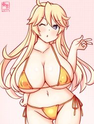 1girl artist_logo bikini blonde_hair blowing_kiss blue_eyes breasts commentary_request covered_erect_nipples cowboy_shot dated gluteal_fold gold_bikini gradient_background huge_breasts iowa_(kancolle) kanon_(kurogane_knights) kantai_collection logo long_hair pink_background side-tie_bikini_bottom solo star-shaped_pupils star_(symbol) swimsuit symbol-shaped_pupils thigh_gap