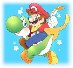 blue_background blue_eyes boots brown_footwear brown_hair cape cape_feather cape_mario colored_skin facial_hair feathers gloves green_skin highres holding holding_feather looking_at_viewer male_focus mario mario_(series) mustache nintendo open_mouth orange_boots overalls riding smile star_(symbol) super_mario_world tail vergolophus white_gloves yoshi