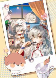1boy 2025 absurdres brushing_teeth character_request chibi chinese_clothes cup dated grey_hair highres honkai:_star_rail honkai_(series) indoors kleinlight male_focus medium_hair mole mole_under_eye mug multiple_views solo window yellow_eyes