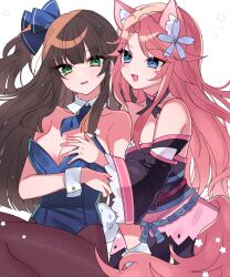 241_blgl alternate_costume animal_ears blue_eyes bow ceri_(sakura_dungeon) commission commissioner_upload fox_ears fox_tail grabbing_another&#039;s_breast green_eyes groping hair_bow highres japanese_clothes kimono leotard naughty_face non-web_source pantyhose pink_hair playboy_bunny sakura_dungeon sweat tail yomi_(sakura_dungeon) yuri