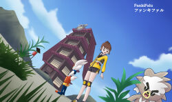 Rule 34 | 1girl, architecture, arms at sides, artist name, brown eyes, brown hair, building, cinderace, day, east asian architecture, eyelashes, facing away, fankifalu, full body, gen 8 pokemon, gloria (pokemon), grass, happy, jacket, knee pads, kubfu, legendary pokemon, legs, long sleeves, looking at viewer, looking to the side, master dojo uniform, matching hair/eyes, medium hair, mountainous horizon, nintendo, official alternate costume, official alternate hairstyle, outdoors, pokemon, pokemon (creature), pokemon swsh, shirt under jacket, shoes, short shorts, shorts, side slit, sidelocks, size difference, sky, sneakers, standing, swept bangs, thighs, topknot, zipper pull tab