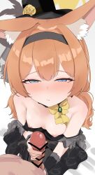 1boy 1girl absurdres animal_ear_fluff animal_ears bar_censor black_dress black_hairband black_hat blue_archive blue_eyes breasts cat_ears censored dress erection hairband halo handjob hat hetero highres loli long_hair looking_at_viewer mari_(blue_archive) mari_(idol)_(blue_archive) nipples orange_hair penis small_breasts solo_focus yellow_halo ykt_scl