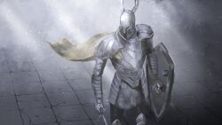 1other absurdres armor asaki_(asaki_vision) cape chainmail commentary_request dark_souls_(series) dark_souls_i fake_horns gauntlets helmet highres holding holding_shield holding_sword holding_weapon horned_helmet horns pauldrons shield shoulder_armor silver_knight_(dark_souls) sword walking weapon yellow_cape