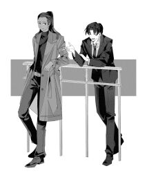 2boys :d :| against_railing belt black_choker black_eyes black_hair black_shirt choker closed_eyes closed_mouth curtained_hair dark-skinned_male dark_skin elbow_rest expressionless finger_gun full_body greyscale hair_slicked_back hand_on_own_arm high_ponytail highres knee_up library_of_ruina looking_at_another looking_back male_focus monochrome multiple_boys olivier_(project_moon) open_mouth outstretched_hand ponytail project_moon railing roland_(project_moon) shirt short_hair smile standing talking wuruko