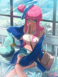 1girl bag belt blue_eyes blue_jacket blue_shorts blush breasts closed_mouth crop_top denim denim_shorts ducklett e-co gen_5_pokemon hair_ornament jacket jewelry large_breasts long_hair looking_at_viewer midriff navel necklace nintendo one_side_up open_clothes open_jacket pokemon pokemon_(creature) pokemon_bw red_hair shirt short_shorts shorts shoulder_bag sitting skyla_(pokemon) smile swanna white_shirt