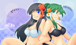 2girls bikini black_bikini black_hair blue_eyes blush breasts cleavage commentary_request glasses green_eyes grey_hair hair_ornament homeko large_breasts long_hair looking_at_viewer male_focus multiple_girls os-tan personification ponytail sato_(esuplusesu) smile swimsuit white_bikini x_hair_ornament xp-tan xp_home-tan