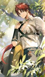 1boy ameinu highres holding_cloth leaf long_hair looking_at_viewer low_ponytail male_focus medalist_(manga) one_eye_closed outdoors pants pectoral_cleavage pectorals ponytail red_hair shirt smile solo yellow_eyes