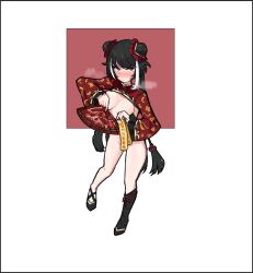 1girl black_hair blush breasts catnip_scent closed_mouth covering_nipples covering_privates double_bun folding_fan frilled_sleeves frills hair_bun hand_fan holding holding_fan jia_xichun_(project_moon) limbus_company long_hair long_sleeves looking_at_viewer medium_breasts multicolored_hair nude ofuda pink_eyes pout project_moon purple_background red_shrug red_sleeves shrug_(clothing) simple_background solo steaming_body streaked_hair talisman twintails white_background white_streaks