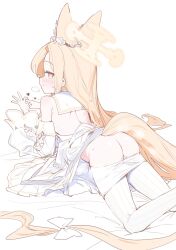 1girl anba_kohaku animal_ears ass blonde_hair blue_archive closed_mouth clothes_pull detached_collar dress extra_ears fox_ears fox_girl fox_tail halo highres long_hair long_sleeves looking_at_viewer looking_back lying on_stomach pantyhose pantyhose_pull penetration_gesture seia_(blue_archive) simple_background solo striped_clothes striped_pantyhose tail vertical-striped_clothes vertical-striped_pantyhose white_background white_dress white_pantyhose yellow_halo