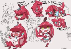 1girl :t anklet arms_up ascot blush_stickers bracelet brother_and_sister closed_eyes commentary crossed_arms crying english_commentary english_text fins fish_boy fish_girl hand_on_another&#039;s_head head_fins headpiece heart hugging_own_tail hugging_tail jewelry lying male_focus mipha motion_lines multiple_views natsuyon nintendo on_side open_mouth sharp_teeth siblings sidon simple_background sitting sketch smile solo_focus tail tail_wagging tears teeth the_legend_of_zelda the_legend_of_zelda:_breath_of_the_wild white_ascot white_background yellow_eyes zora
