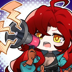 1girl ahoge artist_request blue_jacket bonneville_(neural_cloud) chibi chibi_only chinese_commentary girls&#039;_frontline girls&#039;_frontline_neural_cloud highres holding holding_megaphone jacket loud megaphone official_art open_mouth red_hair second-party_source solo yellow_eyes