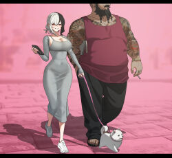 1boy 1girl ahoge baby_animal bag black_hair breasts codename_rose dog dongtan_dress dress fat fat_man grey_dress hair_bun highres holding holding_bag holding_leash irezumi large_breasts leash long_sleeves low_ponytail multicolored_hair narrow_waist pink_background ponytail puppy red_eyes shoes single_hair_bun skindentation sneakers split-color_hair tattoo taut_clothes two-tone_hair waktaverse walking white_hair wide_hips yoongel