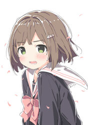 1girl blue_cardigan bow bowtie brown_hair cardigan falling_petals fang flower green_eyes hair_flower hair_ornament idolmaster idolmaster_cinderella_girls kuresuku_(lessons) long_sleeves looking_at_viewer maekawa_miku open_mouth petals pink_bow pink_bowtie pink_petals sailor_collar short_hair solo upper_body white_background white_sailor_collar