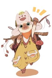 1other :3 animal_hands backpack bag blue_eyes colorpoint commentary_request fangs felyne fishing_rod furry green_overalls hat highres looking_at_viewer monster_hunter_(series) niyamu other_focus overalls simple_background smile solo white_background