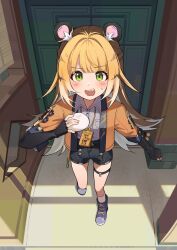 Rule 34 | 1girl, absurdres, animal ear fluff, animal ears, black gloves, blush, collared shirt, colored inner hair, elbow gloves, fingerless gloves, food, gloves, green eyes, grey shirt, high-waist shorts, highres, holding, holding food, jacket, ju fufu, long hair, looking at viewer, multicolored hair, niji (rudduf232), open mouth, orange fur, shirt, shorts, steamed bun, striped fur, sweatdrop, thigh strap, tiger ears, tiger girl, tiger stripes, yellow jacket, zenless zone zero