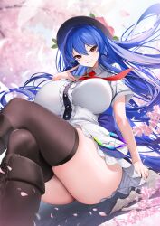 Rule 34 | 1girl, alternate breast size, arrow (tamawo222), black hat, blue dress, blue hair, boots, breasts, brown boots, brown thighhighs, cherry blossoms, collared shirt, crossed legs, dress, flower, food, fruit, hat, highres, hinanawi tenshi, huge breasts, knee boots, long hair, looking at viewer, necktie, peach, pink flower, red necktie, shirt, short sleeves, sitting, smile, solo, thighhighs, thighs, touhou, white shirt