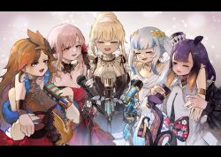 Rule 34 | 5girls, absurdres, alternate costume, bare shoulders, black dress, blonde hair, blue hair, bow, bracelet, closed eyes, detached collar, dress, gawr gura, gawr gura (party dress), hair bun, hair ornament, hat, highres, hololive, hololive english, holomyth, jewelry, laurel crown, long hair, microphone, mori calliope, mori calliope (party dress), multicolored hair, multiple girls, ninomae ina&#039;nis, ninomae ina&#039;nis (party dress), open mouth, orange hair, pink hair, purple hair, purple hat, red dress, red eyes, short twintails, takanashi kiara, takanashi kiara (party dress), tentacle hair, tentacles, tiara, twintails, two-tone hair, upper body, virtual youtuber, vyragami, watson amelia, watson amelia (party dress), white dress, white hair