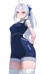 1girl ahoge blue_jumpsuit blue_ribbon closed_mouth collared_shirt high_ponytail highres jumpsuit long_hair looking_at_viewer ohaaang overalls pink_eyes ponytail ribbon shirt short_jumpsuit sirian_rain standing thick_thighs thighhighs thighs very_long_hair virtual_youtuber waktaverse white_background white_hair white_shirt white_thighhighs