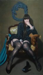 1girl armchair between_legs black_dress black_hair black_shoes black_thighhighs blue_ribbon blunt_bangs chair cushion dress frills garter_straps grey_background hand_between_legs hand_on_chair hand_on_own_face hand_up high_heels long_hair long_sleeves looking_at_viewer mishima_tetsuya oil_painting_(medium) on_chair original painting_(medium) ribbon shoes single_shoe sitting solo straight_hair thighhighs thighs traditional_media unworn_shoes
