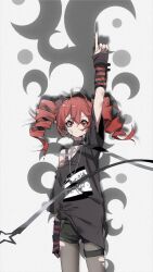 1girl alternate_costume arm_at_side arm_up arm_warmers belt black_belt black_coat black_pantyhose black_shirt black_shorts coat drill_hair feet_out_of_frame flat_chest gauze gauze_on_cheek grey_background hair_between_eyes highres index_finger_raised inseki11 kasane_teto pantyhose red_arm_warmers red_hair rolling_girl_(vocaloid) shirt short_shorts shorts simple_background solo striped_arm_warmers torn_clothes torn_pantyhose twin_drills utau