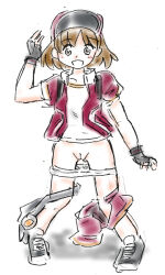 1girl backpack bag baseball_cap black_gloves black_shoes black_shorts blush brown_eyes brown_hair collarbone female_protagonist_(pokemon_go) fingerless_gloves gloves hat jacket looking_at_viewer nintendo open_clothes open_jacket open_mouth panties panty_pull pokemon pokemon_go pussy red_hat red_jacket shirt shoes short_hair short_sleeves shorts shorts_around_one_leg smile sneakers standing su_(pixiv_263717) underwear white_background white_panties white_shirt
