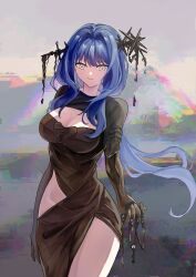 1girl 1other absurdres arcana_(reverse:1999) black_dress black_gloves black_liquid blue_hair breasts cleavage closed_mouth clothing_cutout cowboy_shot dress elbow_gloves glitch gloves grey_background highres large_breasts long_hair long_sleeves looking_at_viewer low_ponytail neo_(1057381834) ponytail reverse:1999 side_cutout side_slit smile very_long_hair wand_in_head yellow_eyes