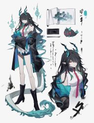 1girl arknights black_boots black_coat black_hair boots breasts calligraphy_brush character_name coat crossed_arms dragon_bubble_(arknights) dragon_girl dragon_horns dragon_tail dress dusk_(arknights) expressionless gradient_hair grey_hair hair_over_one_eye high_heel_boots high_heels highres horns inkstone long_hair long_sleeves medium_breasts multicolored_hair multiple_views necktie open_clothes open_coat paintbrush pointy_ears potettoe scroll sleeveless sleeveless_dress tail white_dress