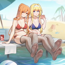 2girls absurdres alice_zuberg asuna_(sao) bare_arms beach bikini black_thighhighs blonde_hair blue_bikini blue_eyes breasts brown_eyes brown_hair crossed_legs feet full_body hairband high_ponytail highres holding_hands lace lace-trimmed_thighhighs lace_trim long_hair looking_at_viewer multiple_girls navel ninai no_shoes ocean open_mouth ponytail red_bikini sand smile soles swimsuit sword_art_online sword_art_online:_alicization sword_art_online:_alicization_-_war_of_underworld thighhighs towel water wet wet_thighhighs white_hairband yuri