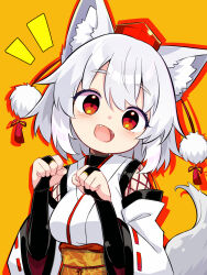 1girl :d animal_ear_fluff animal_ears black_bridal_gauntlets breasts bridal_gauntlets commentary fangs harakune_(mugennero) hat highres inubashiri_momiji japanese_clothes kimono kourindou_tengu_costume long_sleeves looking_at_viewer medium_breasts obi open_mouth orange_background orange_sash paw_pose pom_pom_(clothes) red_eyes red_hat red_ribbon ribbon ribbon-trimmed_sleeves ribbon_trim sash short_hair smile solo tail tassel tokin_hat touhou upper_body white_hair white_kimono wide_sleeves wolf_ears wolf_girl wolf_tail