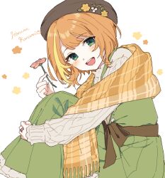 1girl :d aran_sweater belt beret blush boyano brown_belt brown_hat cable_knit character_name dress flower frilled_dress frills green_dress green_eyes hand_on_own_leg haruna_konomi haruna_konomi_(winter_costume) hat hat_flower head_tilt holding holding_flower hugging_own_legs jewelry long_dress magia_record:_mahou_shoujo_madoka_magica_gaiden mahou_shoujo_madoka_magica multicolored_hair official_alternate_costume open_mouth orange_hair orange_shawl plaid_clothes plaid_shawl ring shawl simple_background sitting smile solo streaked_hair sweater swept_bangs teeth upper_teeth_only white_background white_sweater