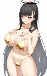 1girl absurdres alternate_costume bikini black_hair blue_archive blunt_bangs blush breasts bright_pupils collarbone covered_erect_nipples fingernails gold_bikini groin halo hands_on_own_chest highleg highleg_bikini highres huge_breasts long_hair looking_at_viewer nail_polish navel pixel_(yuxian) red_eyes ringed_eyes rio_(blue_archive) simple_background skindentation solo stomach straight_hair string_bikini swimsuit thighs very_long_hair white_background white_pupils