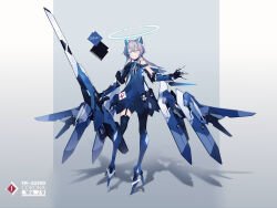 1girl absurdres blue_dress blue_eyes blue_hair dress full_body garter_straps grey_background grey_hair hair_between_eyes halo headgear highres holding holding_weapon jhcrow3 long_hair looking_at_viewer mecha_musume mechanical_arms mechanical_ears mechanical_wings multicolored_hair original science_fiction solo standing streaked_hair thighhighs weapon wings
