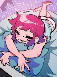 aqua_shirt ass bad_source barefoot blue_shirt crossed_arms crossed_legs feet_up highres looking_at_viewer lying on_bed on_stomach panties pillow pink_hair purple_hair ramona_flowers red_eyes scott_pilgrim_(series) shirt short_hair smirk tetsu_(teppei) underwear white_panties