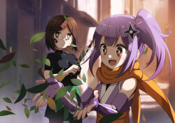2girls blood blood_on_clothes breasts brown_eyes brown_hair fingerless_gloves glasses gloves hair_ornament hairclip holding holding_knife knife koga_konoha kusagakure_satoko large_breasts leaf long_hair looking_at_another multiple_girls ninja ninja_to_koroshiya_no_futarigurashi nyoro_(nyoronyoro000) open_mouth purple_hair scarf short_hair shuriken_hair_ornament side_ponytail skirt sleeveless smile turtleneck