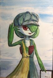 Rule 34 | 1girl, arm at side, artist name, blue dress, blue hat, blue sky, bob cut, newsboy cap, cloud, colored skin, day, dress, female focus, flat chest, gardevoir, gardevoir (cafe), gen 3 pokemon, green hair, green skin, hair over one eye, hand up, happy, hat, highres, holding, horizon, keishi (pixiv 1245064), multicolored skin, nintendo, ocean, one eye covered, open mouth, outdoors, painting (medium), pokemon, pokemon (creature), pokemon unite, red eyes, short hair, signature, sky, sleeveless, sleeveless dress, smile, solo, traditional media, two-tone dress, two-tone skin, watercolor (medium), waving, white skin, yellow dress