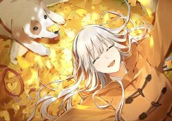 1girl animal animal_collar animal_focus autumn autumn_clothes autumn_leaves closed_eyes collar dog ginkgo_leaf grey_hair highres hoshi_rasuku hound laughing leaf original smile white_hair