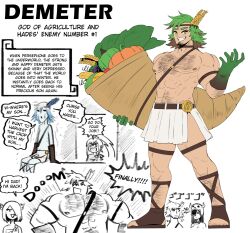 Rule 34 | 2boys, brown gloves, brown hair, character name, chest hair, commentary, cornucopia, demeter (mythology), doodle inset, english commentary, english text, facial hair, father and son, food, fruit, full body, genderswap, genderswap (ftm), gloves, goatee, gradient gloves, greek mythology, green eyes, green gloves, green hair, grin, hades (mythology), headband, highres, holding, lightning glare, male focus, menacing (jojo), multicolored eyes, multicolored hair, multiple boys, muscular, muscular male, original, persephone (mythology), pumpkin, sad, sandals, skinny, skirt, smile, solo focus, speech bubble, standing, stare down, topless male, trap, two-tone gloves, two-tone hair, vegetable, wanderjegson, wheat, white skirt, withered, yellow eyes, zeus (mythology)