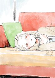 1girl blonde_hair blush brown_coat coat couch cushion gakuen_idolmaster hair_ornament hairclip highres idolmaster indoors long_hair long_sleeves looking_at_viewer lying on_couch on_side open_clothes open_coat orange_eyes parted_lips shinosawa_hiro shirt solo swept_bangs upper_body wakame_(pixiv128625) white_shirt