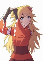 Rule 34 | 1girl, absurdres, arms up, blonde hair, blue eyes, fingerless gloves, flower, gloves, hair flower, hair ornament, highres, light blush, long hair, looking to the side, ninon (princess connect!), princess connect!, ruinone, short twintails, smile, twintails, tying hair, white background