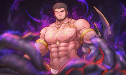 1boy abs armlet avenger_(dungeon_and_fighter) bara beard brown_hair chest_tattoo cross cross_necklace dungeon_and_fighter eye_trail facial_hair glowing glowing_eye gold highres jewelry kulolin large_pectorals light_trail loincloth male_focus male_priest_(dungeon_and_fighter) mature_male monster_boy monsterification muscular muscular_male navel necklace nipples octopus_boy paid_reward_available pectorals priest priest_(dungeon_and_fighter) red_eyes short_hair solo stomach tattoo tentacle_hands tentacles topless_male veins