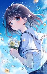 1girl blue_eyes blue_neckerchief blue_skirt blush brown_hair commentary_request flower ginniroya highres holding holding_flower medium_hair neckerchief original parted_lips pleated_skirt sailor_collar school_uniform serafuku shirt short_sleeves skirt solo tears upper_body watermark white_flower white_sailor_collar white_shirt yellow_flower
