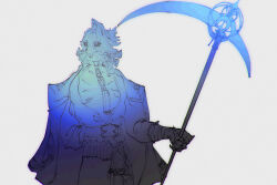1boy badrun_(khonshu)_(dislyte) beak bird_boy blue_theme claws colmisumin commentary dislyte english_commentary furry furry_male highres holding holding_scythe holding_weapon male_focus scythe weapon white_background